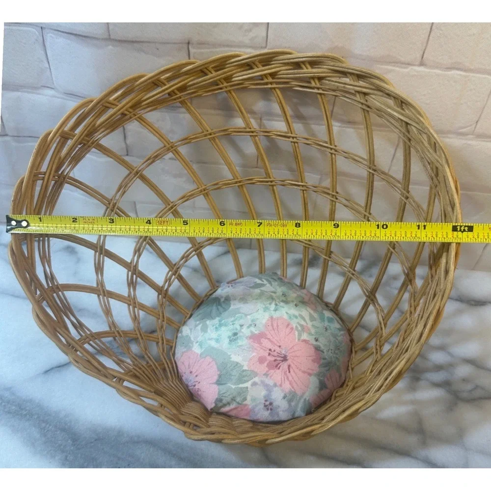 Vintage Wicker Slanted Display Basket with Floral Pincushion Base Natural Rattan